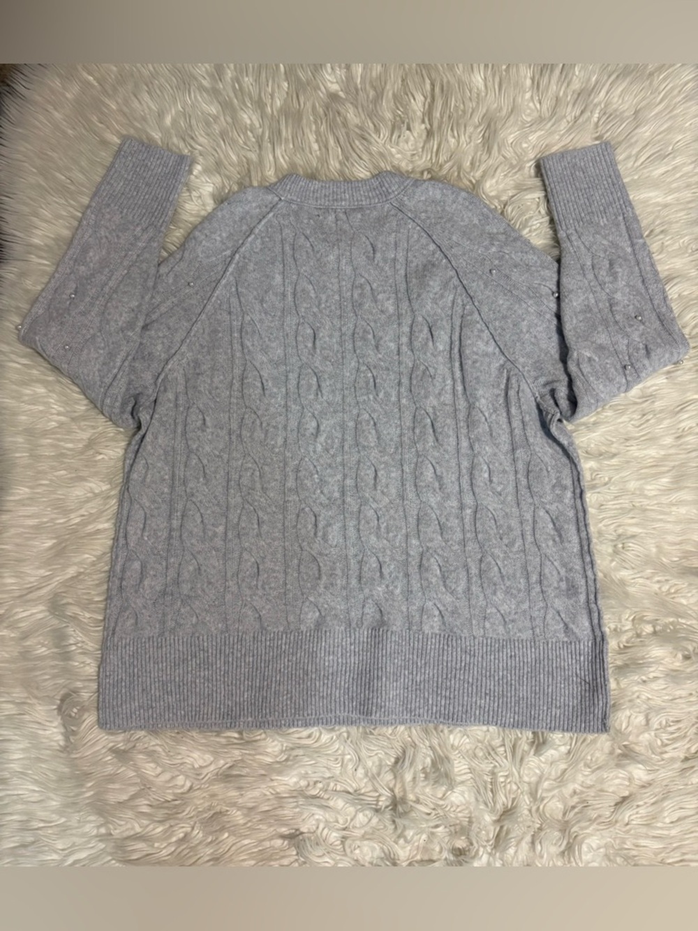 aerie unReal Light Gray Pearl-Embellished Cable Crewneck Sweater - Picture 6 of 12